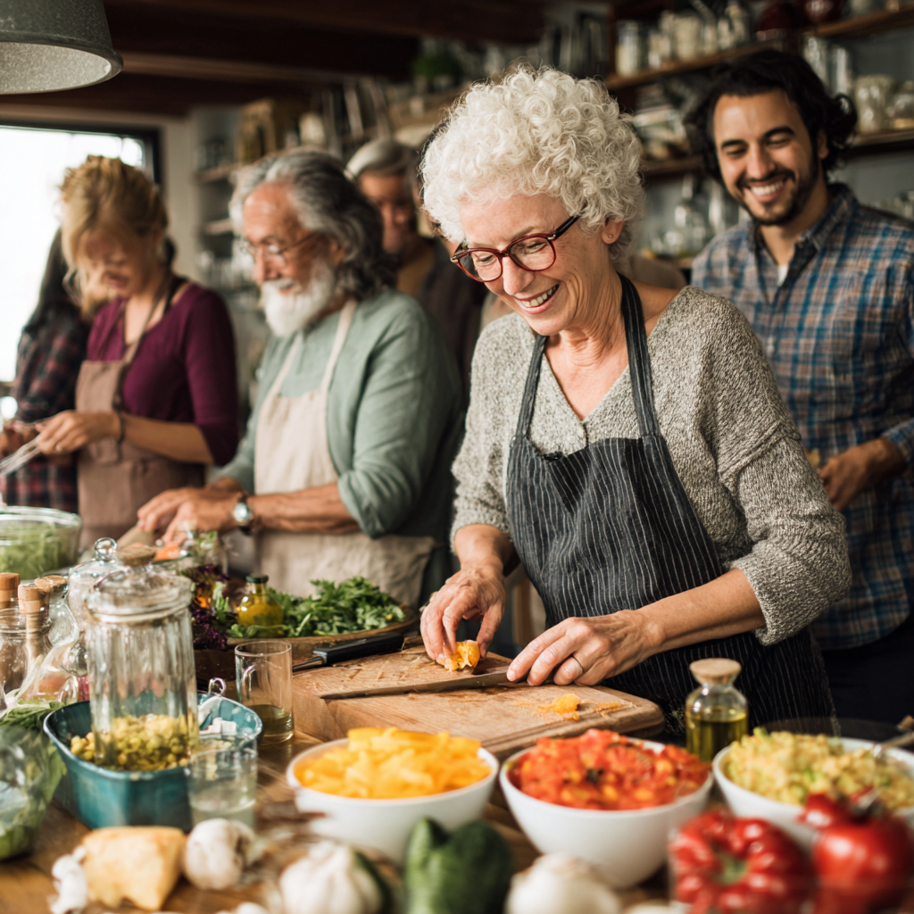Grupa uśmiechniętych polskich dorosłych w różnym wieku prezentująca różnorodne zdrowe dodatki do posiłków